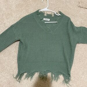 Olive V-Neck Distressed Sweater